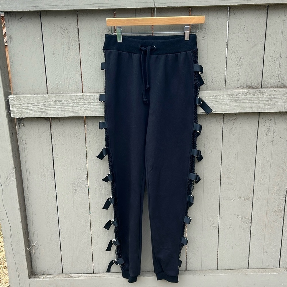 Poster Girl Black Lace Up Fish Net Sweat Pants Joggers Goth Punk Steampunk S